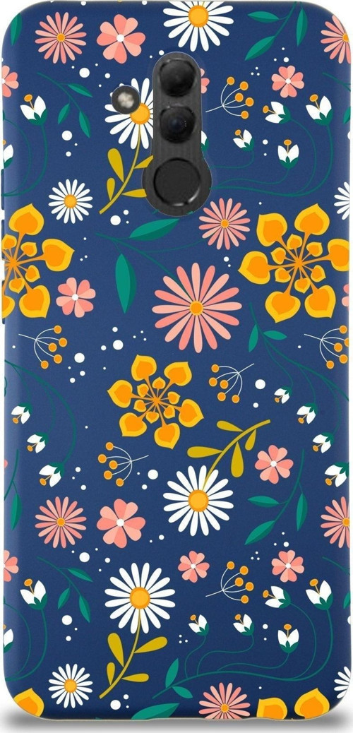 Huawei Mate 20 Lite Uyumlu Lansman Kılıf Çiçek Tasarımlı Içi Kadife Lacivert Kapak