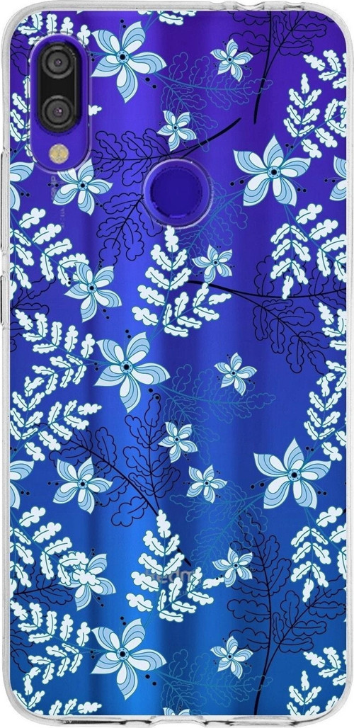 Xiaomi Redmi Note 7 Pro Uyumlu Kapak Floral Mavi Tasarımlı Şeffaf Silikon Kılıf