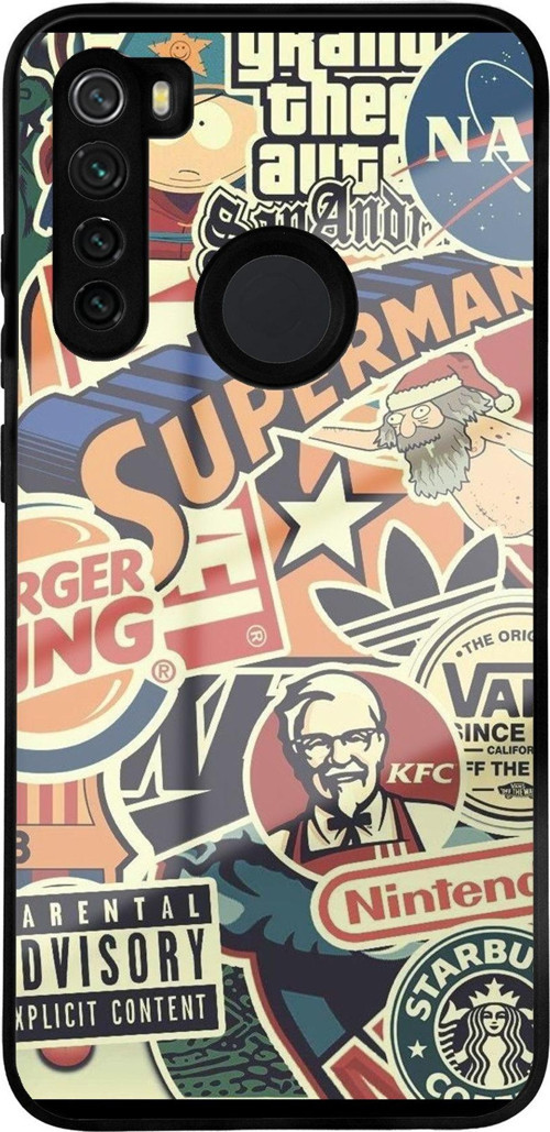 Xiaomi Redmi Note 8 İle Uyumlu Silikon Arkası Cam Kapak Kolaj Tasarımlı Cam Kılıf