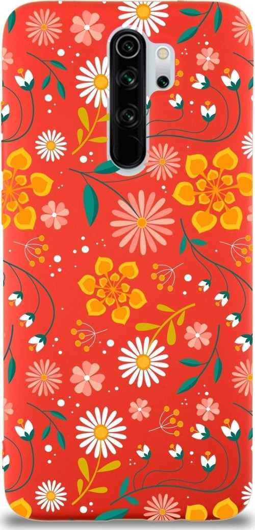 Xiaomi Redmi Note 8 Pro Uyumlu Lansman Kılıf Çiçek Tasarımlı Içi Kadife Kapak-Kırmızı