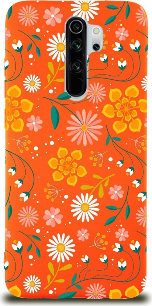 Xiaomi Redmi Note 8 Pro Uyumlu Lansman Kılıf Çiçek Tasarımlı Içi Kadife Kapak-Turuncu