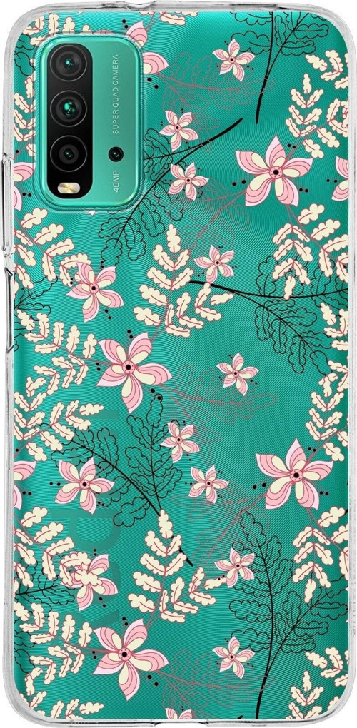 Xiaomi Redmi 9T Uyumlu Kapak Floral Kırmızı Tasarımlı Şeffaf Silikon Kılıf