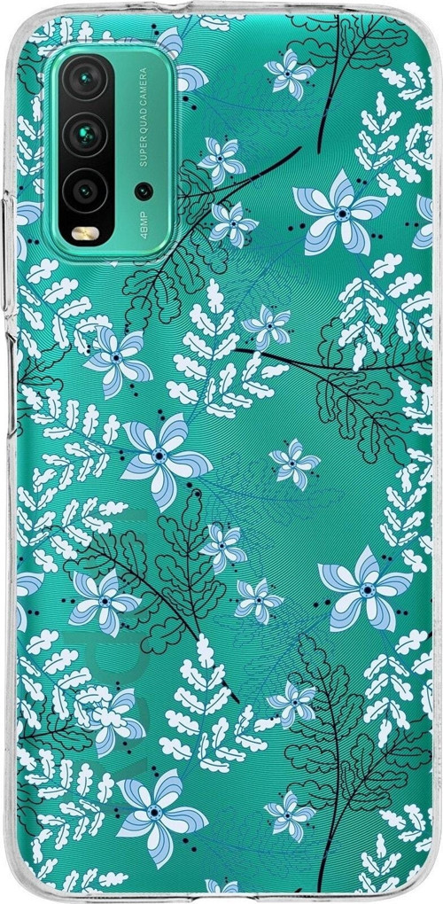 Xiaomi Redmi 9T Uyumlu Kapak Floral Mavi Tasarımlı Şeffaf Silikon Kılıf
