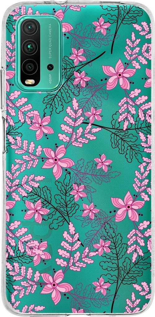 Xiaomi Redmi 9T Uyumlu Kapak Floral Pembe Tasarımlı Şeffaf Silikon Kılıf