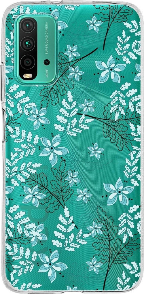 Xiaomi Redmi 9T Uyumlu Kapak Floral Su Yeşili Tasarımlı Şeffaf Silikon Kılıf