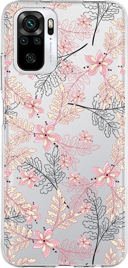 Xiaomi Redmi Note 10S Uyumlu Kapak Floral Kırmızı Tasarımlı Şeffaf Silikon Kılıf