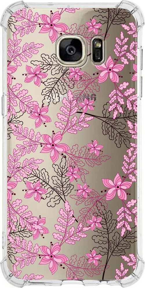 Samsung Galaxy S7 Edge Köşe Korumalı Antişok Kapak Floral Pembe Tasarımlı Şeffaf Kılıf
