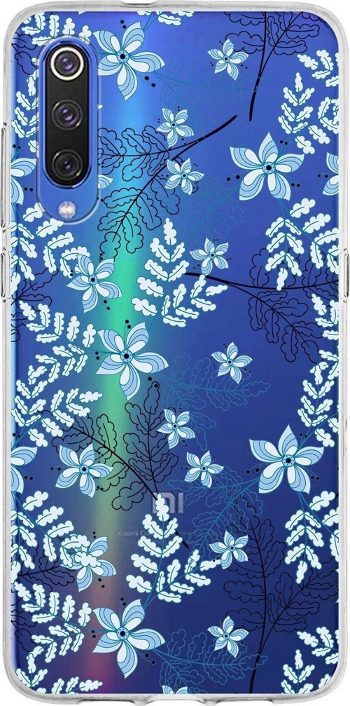 Xiaomi Mi 9 Uyumlu Kapak Floral Mavi Tasarımlı Şeffaf Silikon Kılıf