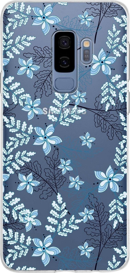 Samsung Galaxy S9 Plus Kapak Floral Mavi Tasarımlı Şeffaf Silikon Kılıf