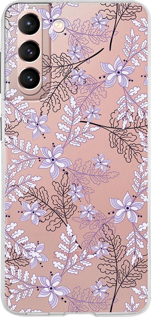 Samsung Galaxy S21 Kapak Floral Lila Tasarımlı Şeffaf Silikon Kılıf