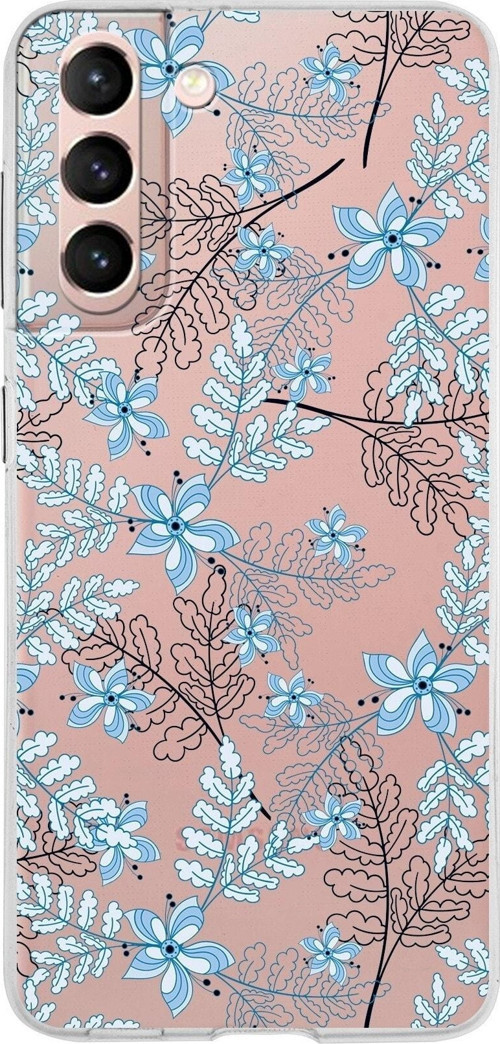 Samsung Galaxy S21 Kapak Floral Mavi Tasarımlı Şeffaf Silikon Kılıf