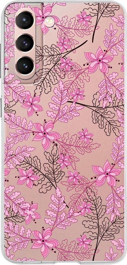 Samsung Galaxy S21 Kapak Floral Pembe Tasarımlı Şeffaf Silikon Kılıf