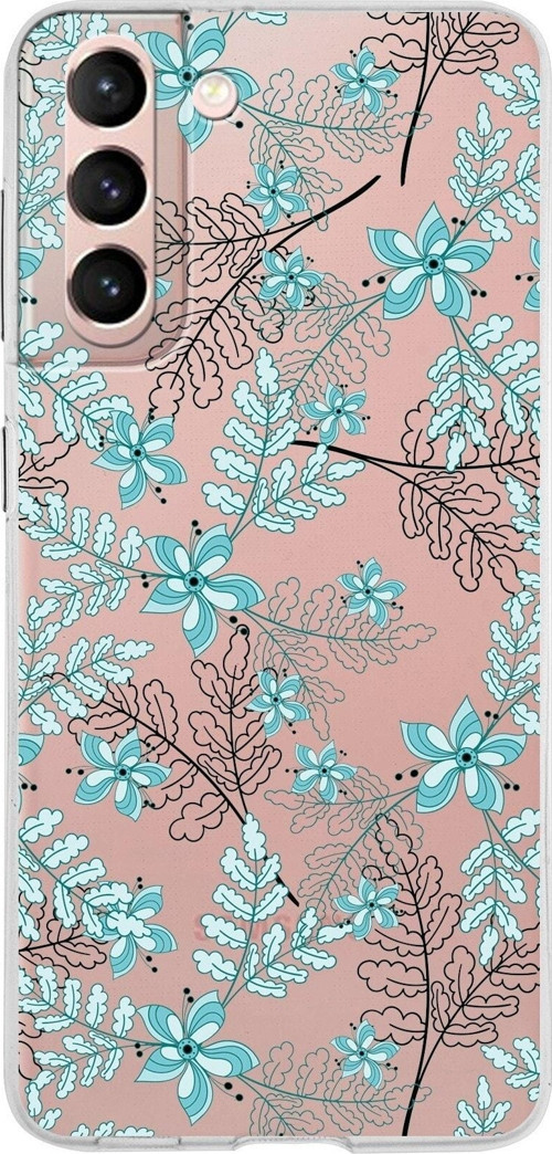 Samsung Galaxy S21 Kapak Floral Su Yeşili Tasarımlı Şeffaf Silikon Kılıf