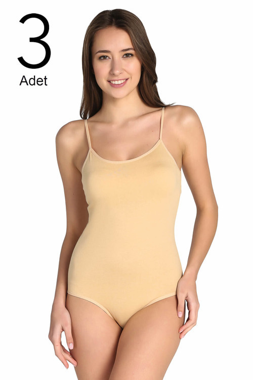 Kadın Ten 3'Lü Paket İp Askılı Likralı Kancalı Çıtçıtlı Body Elf568T0148Ccm3