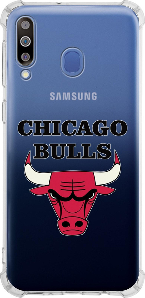 Samsung Galaxy M30 Uyumlu Köşe Korumalı Antişok Kapak Chicago Bulls Tasarımlı Şeffaf Silikon Kılıf