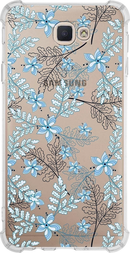 Samsung Galaxy J7 Prime Köşe Korumalı Antişok Kapak Floral Mavi Tasarımlı Şeffaf Kılıf