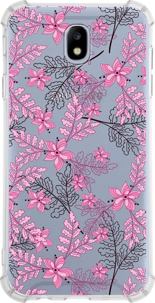 Samsung Galaxy J7 Pro Köşe Korumalı Antişok Kapak Floral Pembe Tasarımlı Şeffaf Kılıf