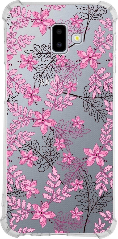 Samsung Galaxy J6 Plus Köşe Korumalı Antişok Kapak Floral Pembe Tasarımlı Şeffaf Kılıf