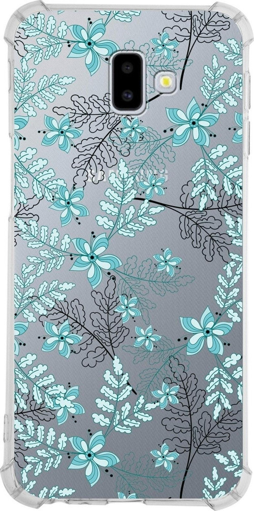 Samsung Galaxy J6 Plus Köşe Korumalı Antişok Kapak Floral Su Yeşili Tasarımlı Şeffaf Kılıf