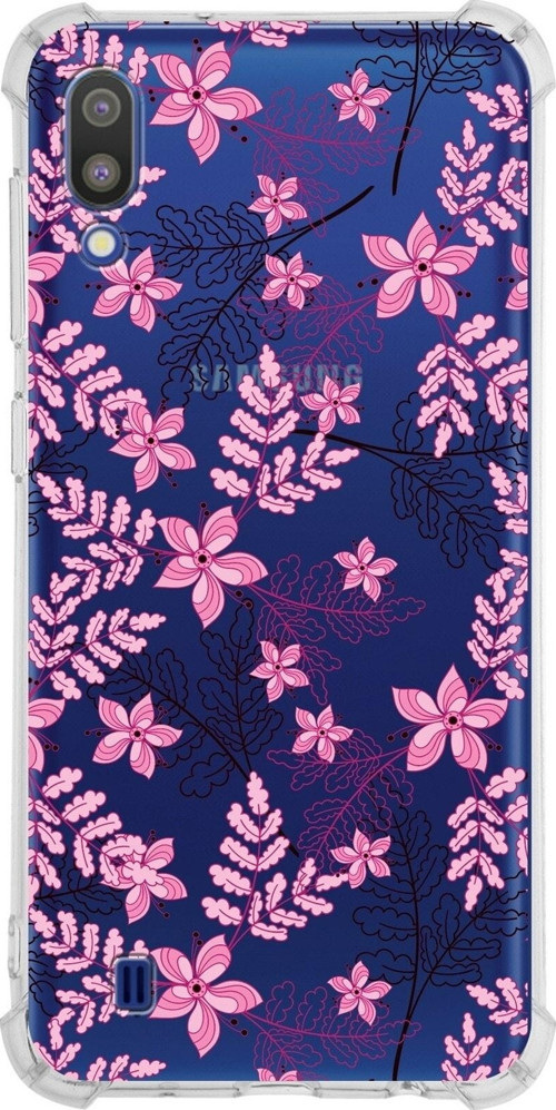 Samsung Galaxy M10 Köşe Korumalı Antişok Kapak Floral Pembe Tasarımlı Şeffaf Kılıf