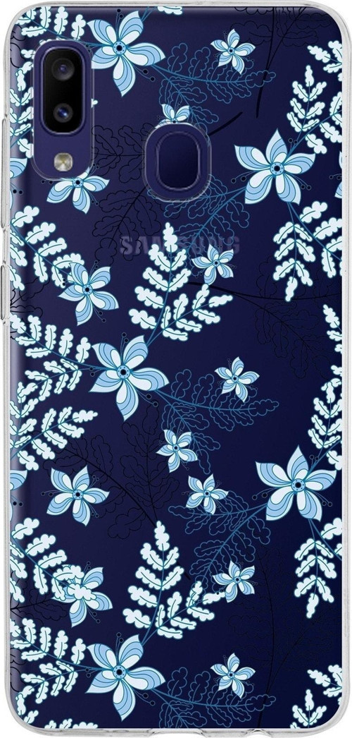 Samsung Galaxy M10S Kapak Floral Mavi Tasarımlı Şeffaf Silikon Kılıf