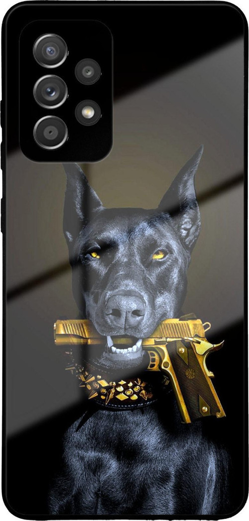 Samsung Galaxy A52 İle Uyumlu Silikon Arkası Cam Kapak Doberman Tasarımlı Cam Kılıf