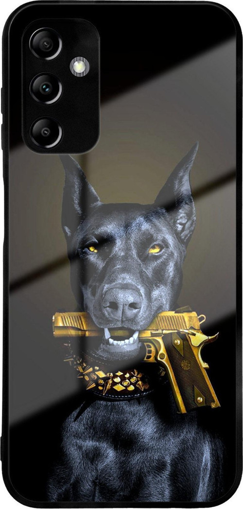 Samsung Galaxy A14 İle Uyumlu Silikon Arkası Cam Kapak Doberman Tasarımlı Cam Kılıf