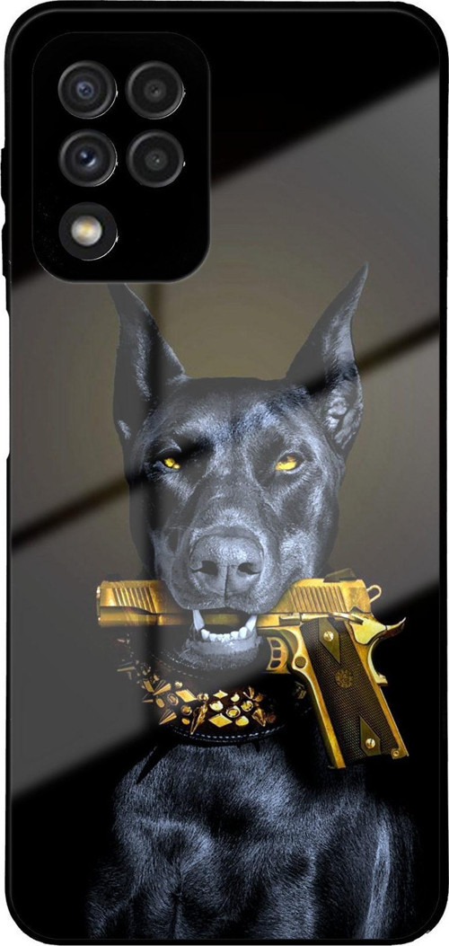 Galaxy A22 İle Uyumlu Silikon Arkası Cam Kapak Doberman Tasarımlı Cam Kılıf