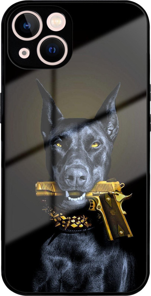 Apple İphone 13 Mini İle Uyumlu Silikon Arkası Cam Kapak Doberman Tasarımlı Cam Kılıf