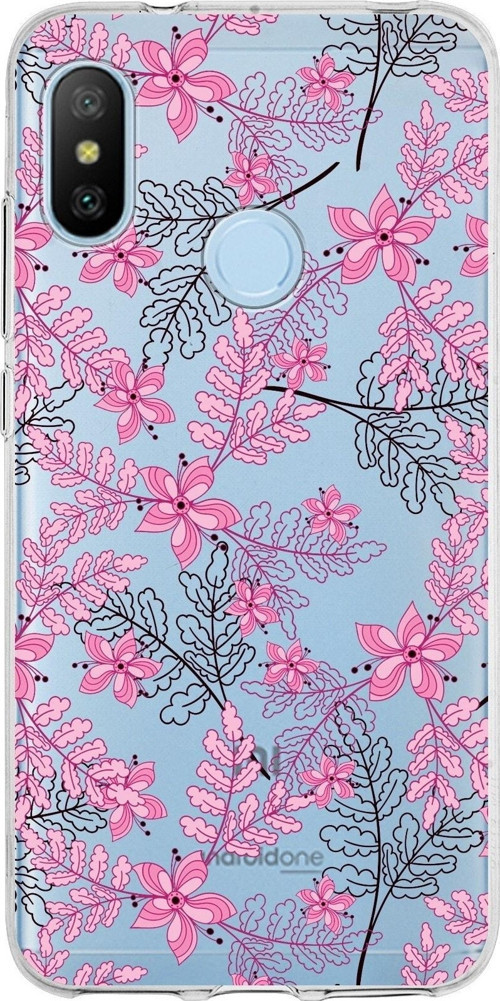 Xiaomi Mi A2 Lite Uyumlu Kapak Floral Pembe Tasarımlı Şeffaf Silikon Kılıf