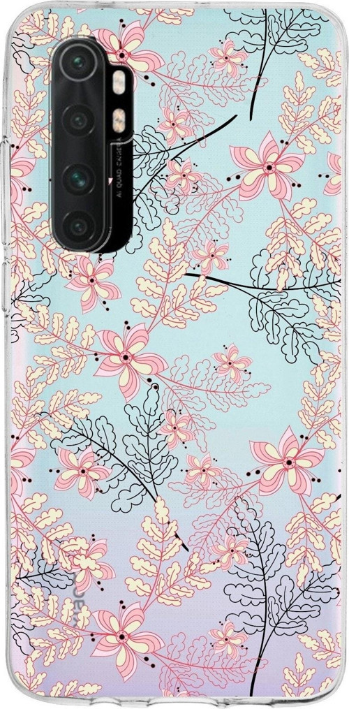 Xiaomi Mi Note 10 Lite Uyumlu Kapak Floral Kırmızı Tasarımlı Şeffaf Silikon Kılıf