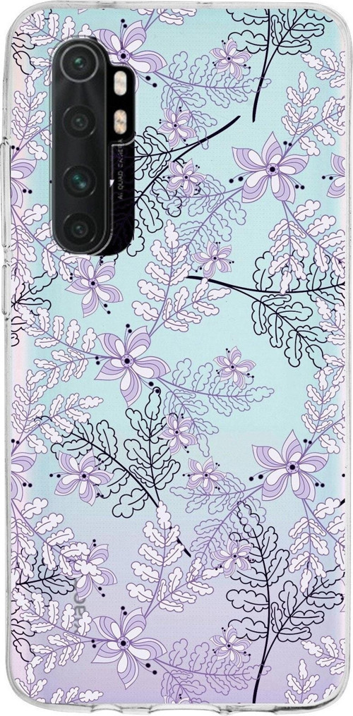 Xiaomi Mi Note 10 Lite Uyumlu Kapak Floral Lila Tasarımlı Şeffaf Silikon Kılıf