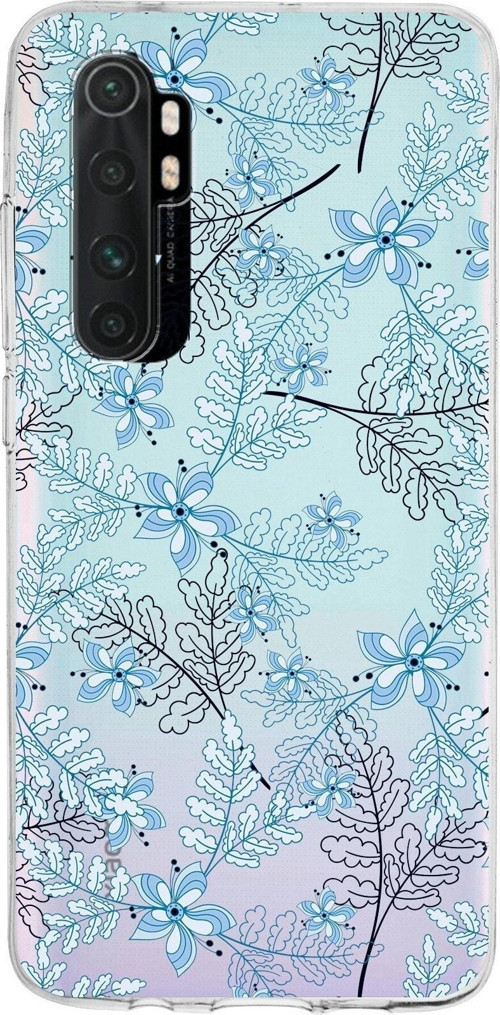 Xiaomi Mi Note 10 Lite Uyumlu Kapak Floral Mavi Tasarımlı Şeffaf Silikon Kılıf
