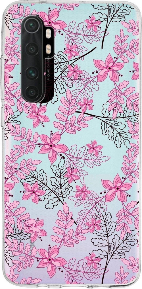 Xiaomi Mi Note 10 Lite Uyumlu Kapak Floral Pembe Tasarımlı Şeffaf Silikon Kılıf