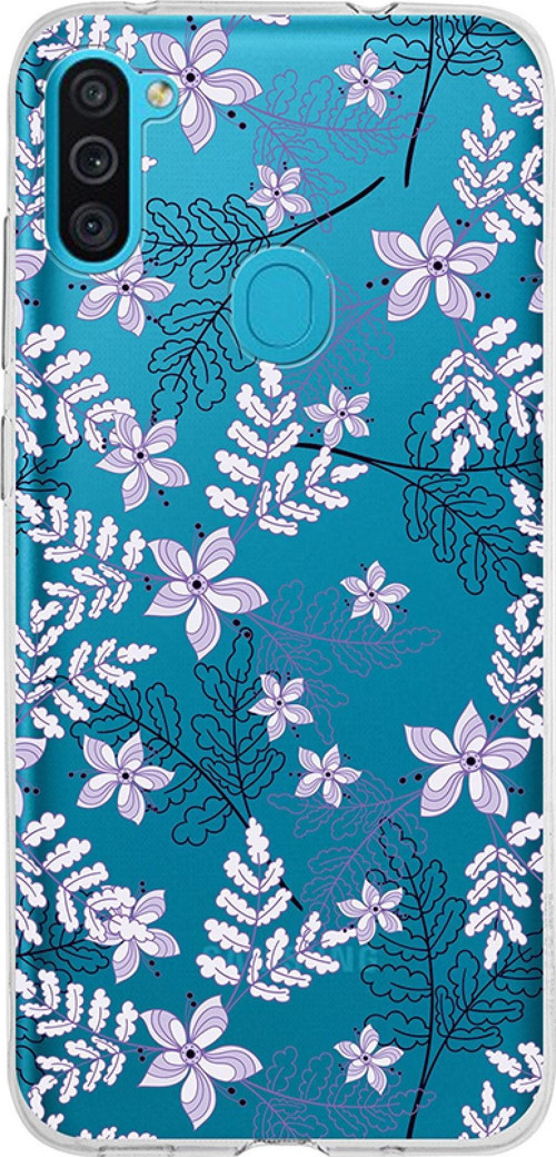 Samsung Galaxy M11 Kapak Floral Lila Tasarımlı Şeffaf Silikon Kılıf