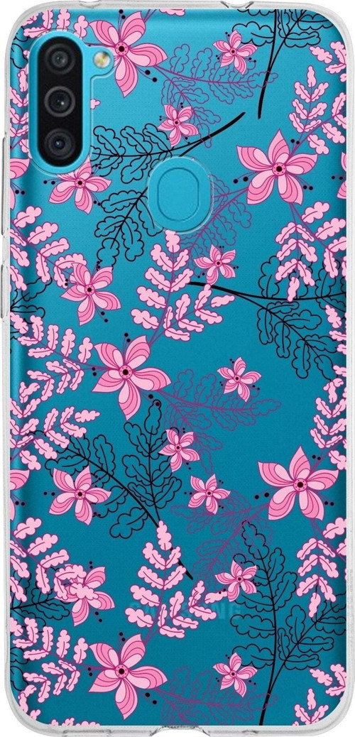 Samsung Galaxy M11 Kapak Floral Pembe Tasarımlı Şeffaf Silikon Kılıf