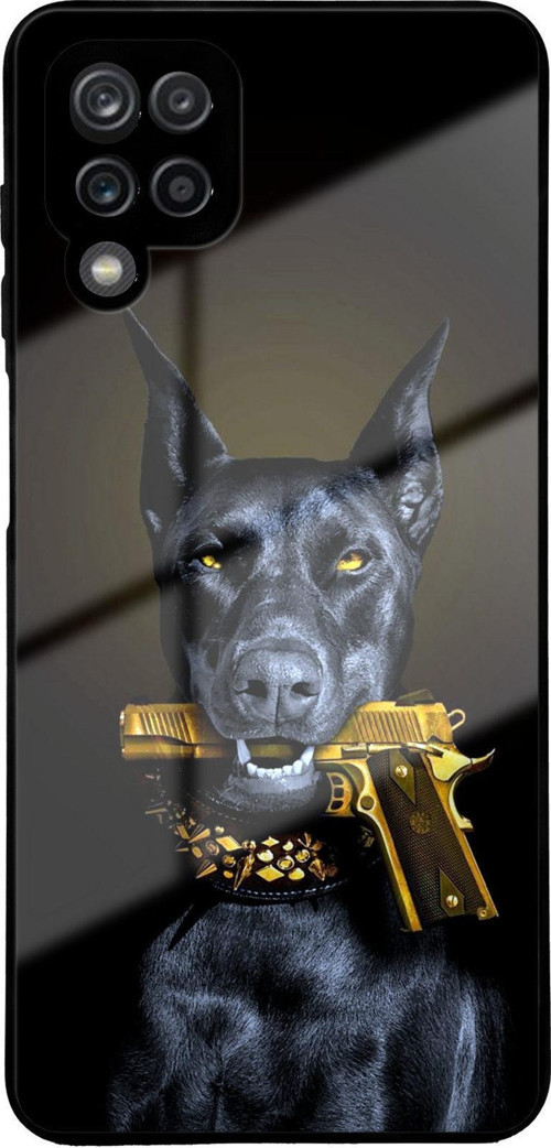 Samsung Galaxy M12 İle Uyumlu Silikon Arkası Cam Kapak Doberman Tasarımlı Cam Kılıf