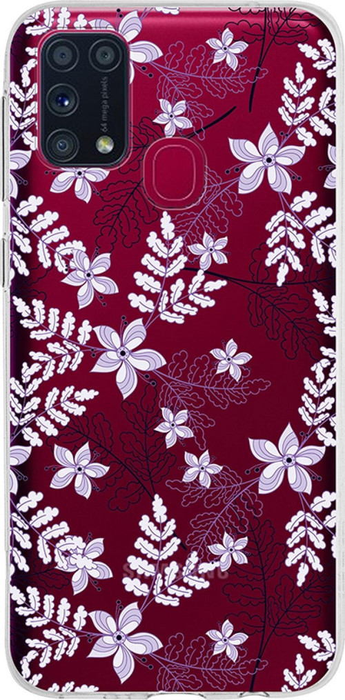 Samsung Galaxy M31 Kapak Floral Lila Tasarımlı Şeffaf Silikon Kılıf