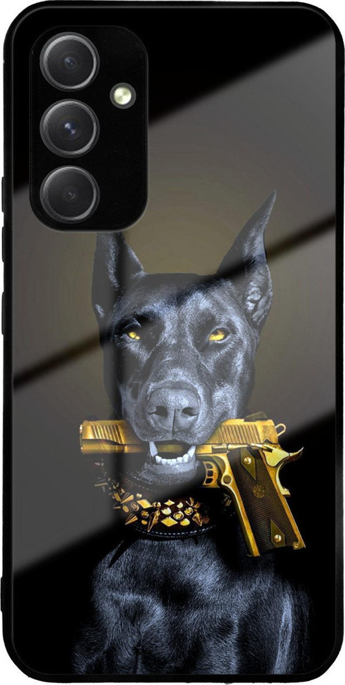 Samsung Galaxy A54 İle Uyumlu Silikon Arkası Cam Kapak Doberman Tasarımlı Cam Kılıf