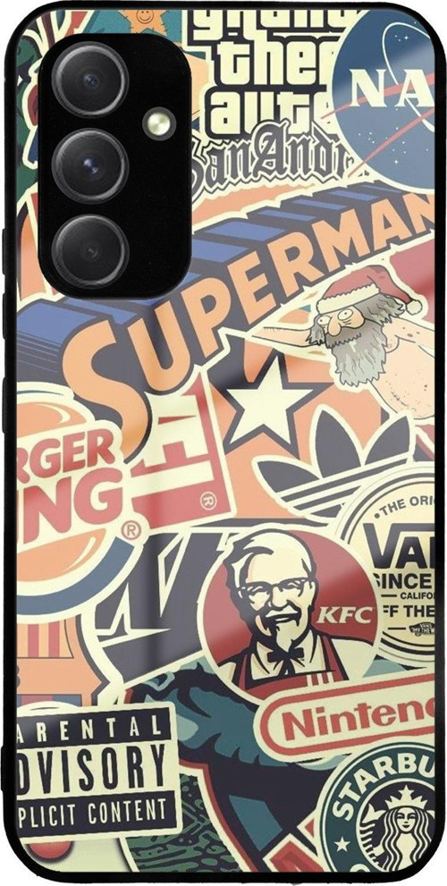 Samsung Galaxy A54 İle Uyumlu Silikon Arkası Cam Kapak Kolaj Tasarımlı Cam Kılıf