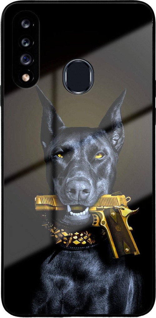 Samsung Galaxy A20S İle Uyumlu Silikon Arkası Cam Kapak Doberman Tasarımlı Cam Kılıf
