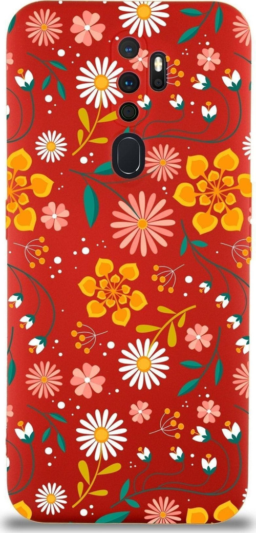 Oppo A5 2020 Uyumlu Lansman Kılıf Çiçek Tasarımlı Içi Kadife Kapak-Kırmızı
