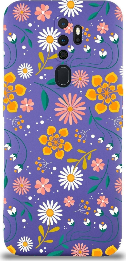 Oppo A5 2020 Uyumlu Lansman Kılıf Çiçek Tasarımlı Içi Kadife Kapak-Mor