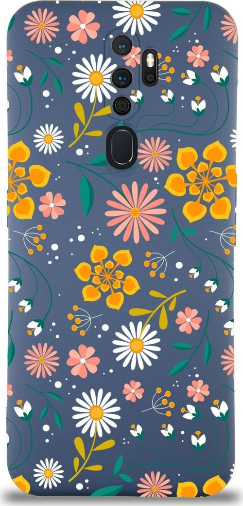 Oppo A5 2020 Uyumlu Lansman Kılıf Çiçek Tasarımlı Içi Kadife Kapak-Petrol Mavisi