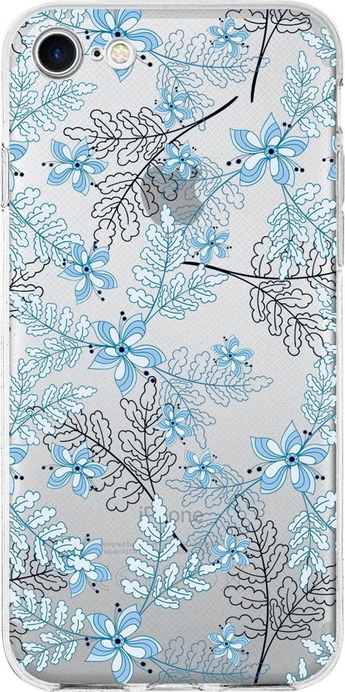 Iphone Se 2022 Uyumlu Kapak Floral Mavi Tasarımlı Şeffaf Silikon Kılıf