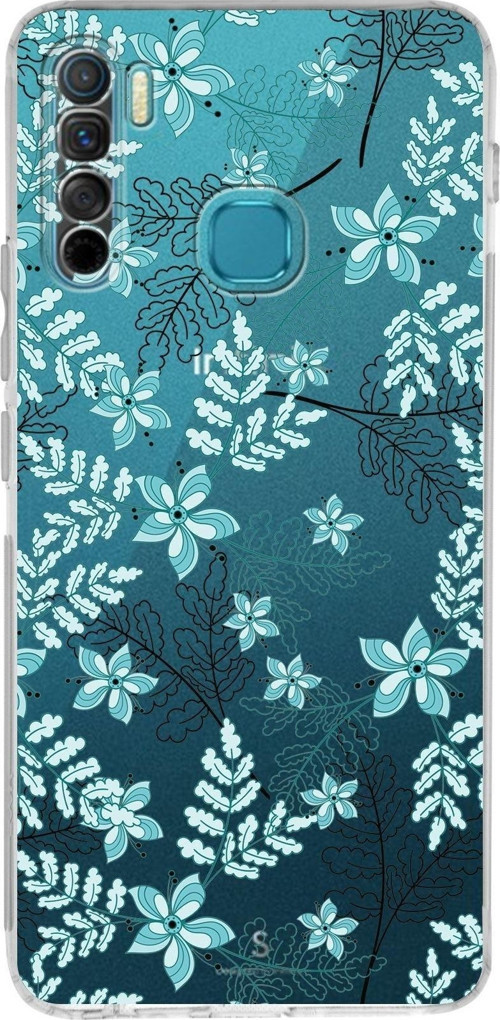 Infinix S5 Lite Uyumlu Kamera Korumalı Kapak Floral Su Yeşili Tasarımlı Şeffaf Silikon Kılıf