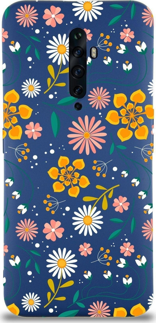 Oppo Reno 2Z Uyumlu Lansman Kılıf Çiçek Tasarımlı Içi Kadife Kapak-Lacivert