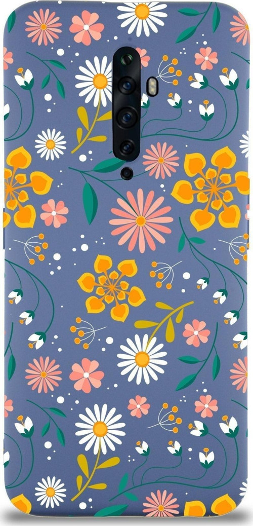 Oppo Reno 2Z Uyumlu Lansman Kılıf Çiçek Tasarımlı Içi Kadife Kapak-Petrol Mavisi
