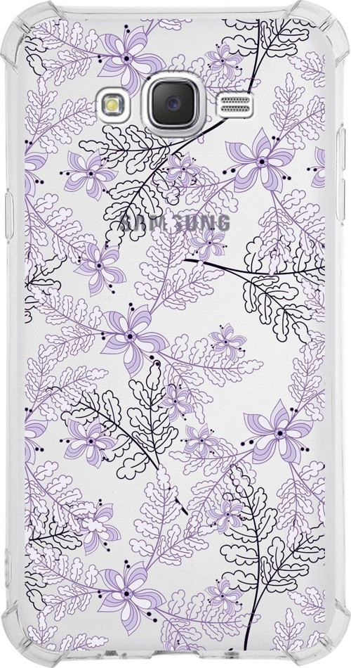 Samsung Galaxy J7 Köşe Korumalı Antişok Kapak Floral Lila Tasarımlı Şeffaf Kılıf