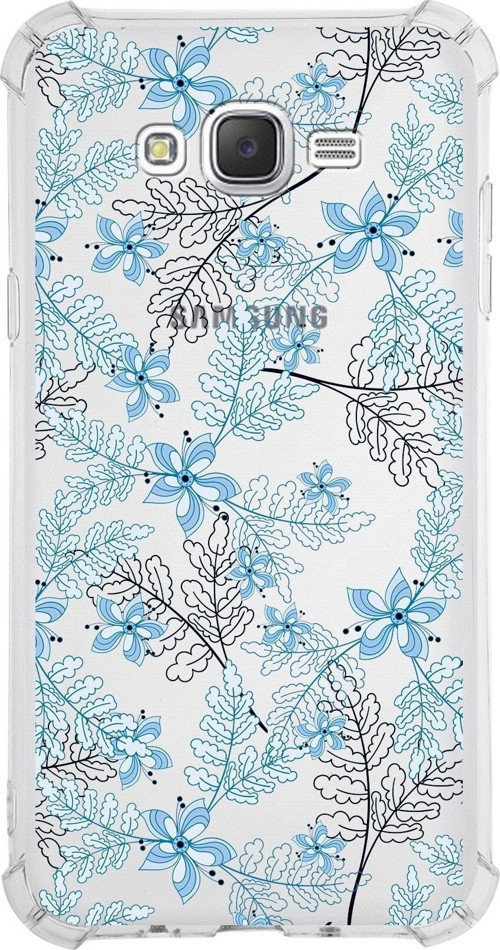 Samsung Galaxy J7 Köşe Korumalı Antişok Kapak Floral Mavi Tasarımlı Şeffaf Kılıf